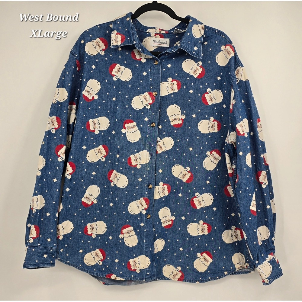 Vintage Westbound Santa Denim Shirt XL Christmas Holiday Button Down Novelty